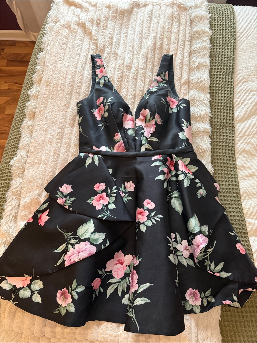 Black Floral V-Neck Fit & Flare Dress with Pink Roses